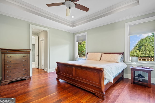 bedroom featuring a raised ceiling, crown molding, dark hardwood / wood-style floors, and ceiling fan