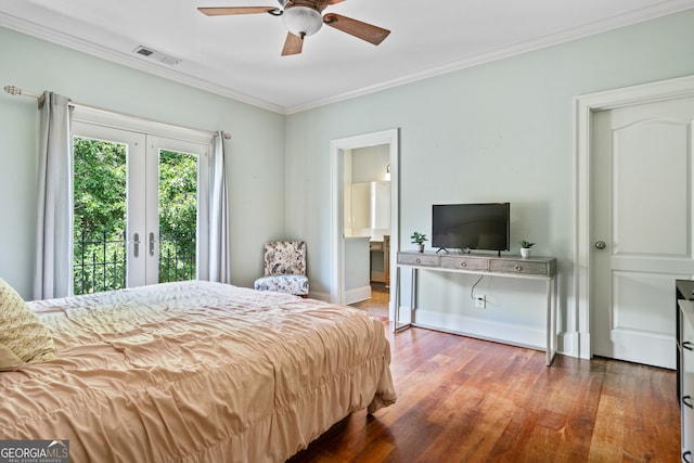 bedroom featuring wood-type flooring, ceiling fan, ornamental molding, french doors, and access to exterior