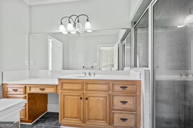 bathroom with tile patterned flooring, a notable chandelier, a shower with door, vanity, and ornamental molding