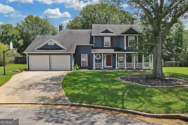 view of front facade featuring a garage, a porch, and a front lawn