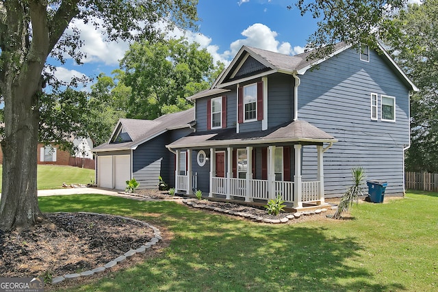 view of front of property with covered porch, a garage, and a front lawn