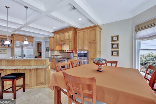 tiled dining area featuring beam ceiling, coffered ceiling, and ornamental molding