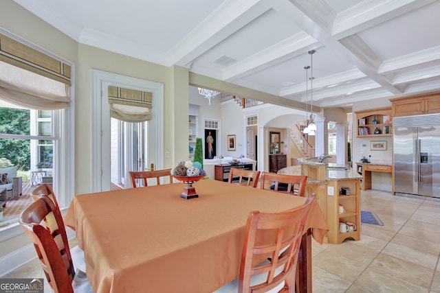 tiled dining area featuring crown molding, a chandelier, beamed ceiling, and coffered ceiling