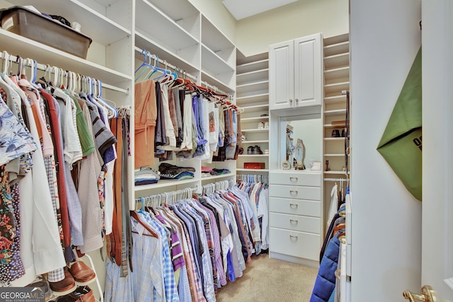 spacious closet featuring light colored carpet