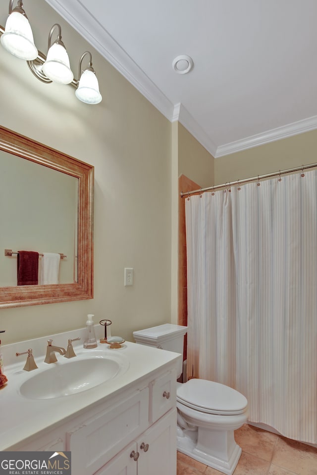 bathroom with a shower with shower curtain, toilet, tile patterned floors, vanity, and crown molding