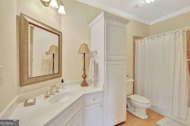 bathroom with toilet, vanity, crown molding, curtained shower, and tile patterned flooring