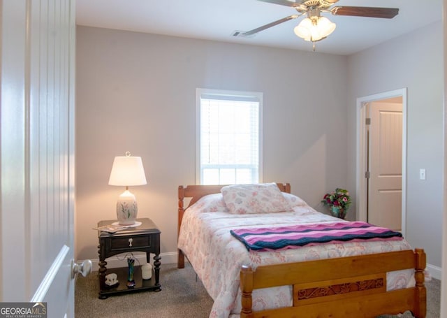 bedroom featuring carpet flooring and ceiling fan