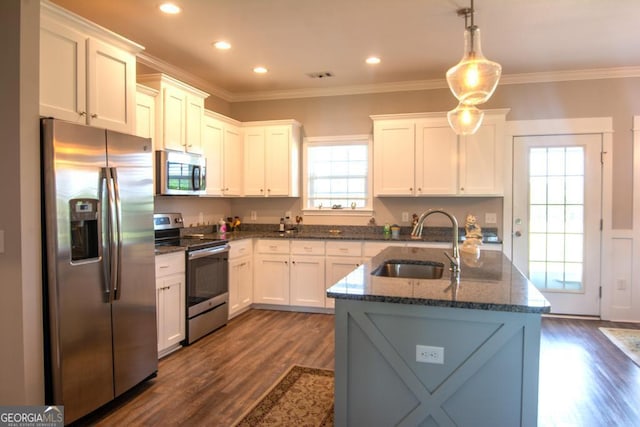 kitchen with white cabinetry, dark hardwood / wood-style flooring, appliances with stainless steel finishes, and sink