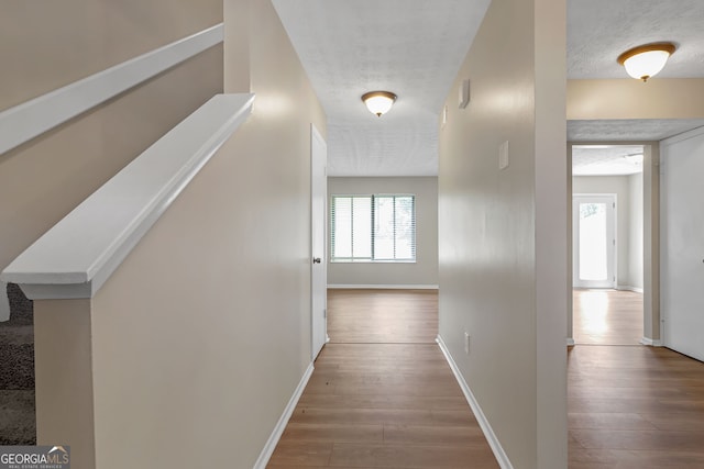 hall featuring a wealth of natural light, a textured ceiling, and wood-type flooring