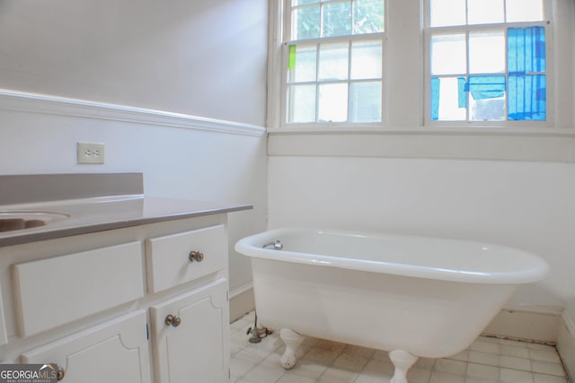 bathroom with vanity and a washtub