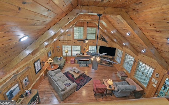 living room featuring wood ceiling, wood-type flooring, high vaulted ceiling, and wood walls