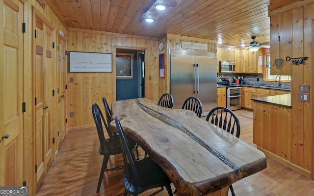 dining area featuring wood ceiling, ceiling fan, wood walls, and light wood-style floors