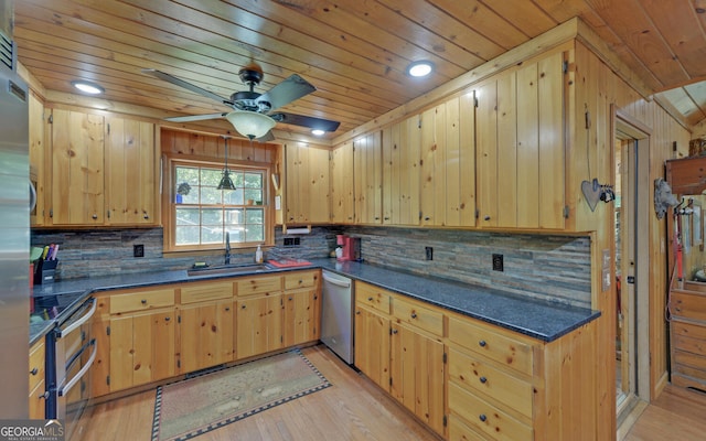 kitchen featuring wood ceiling, stainless steel appliances, a sink, and dark countertops