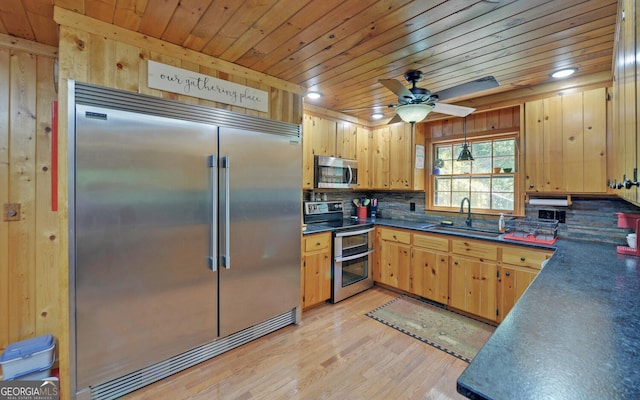 kitchen with dark countertops, a sink, decorative backsplash, wood ceiling, and stainless steel appliances
