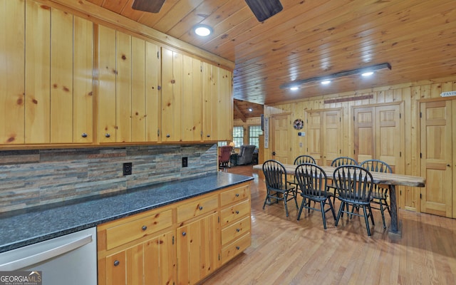 kitchen with dark countertops, dishwashing machine, wooden ceiling, light wood-type flooring, and decorative backsplash