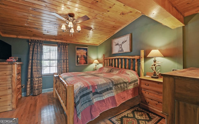 bedroom featuring hardwood / wood-style flooring, lofted ceiling, wooden ceiling, and ceiling fan