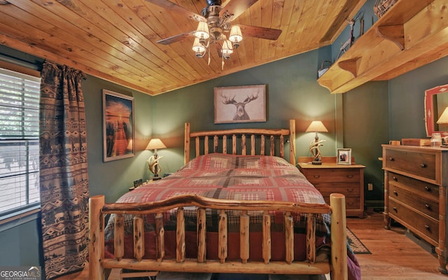 bedroom featuring vaulted ceiling, ceiling fan, wooden ceiling, and light wood-type flooring