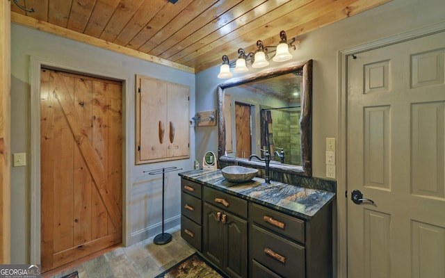 bathroom with vanity and wooden ceiling