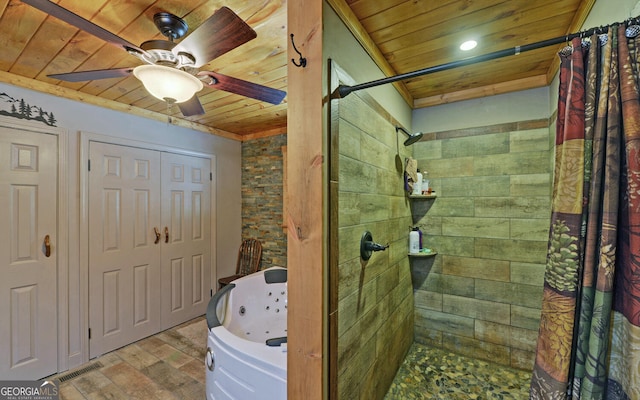 full bath featuring a tile shower, wood finished floors, a jetted tub, ceiling fan, and wood ceiling
