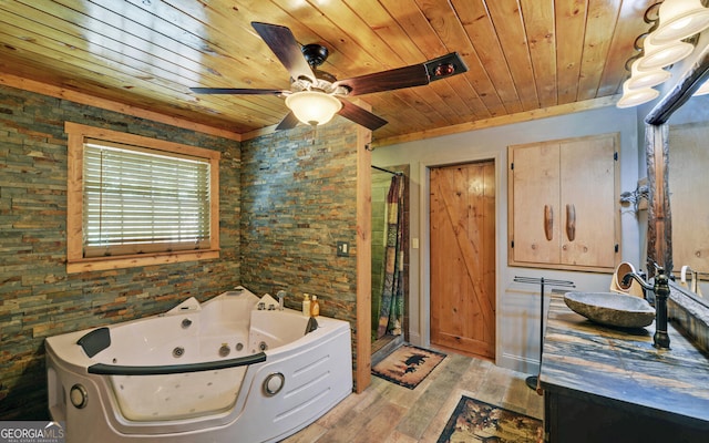 bathroom with wood ceiling, a ceiling fan, wood finished floors, and a stall shower