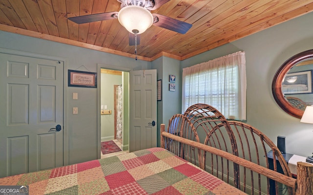 bedroom with wooden ceiling and ceiling fan