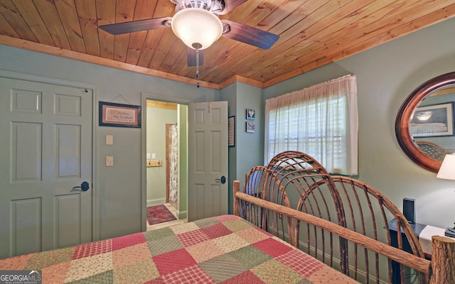 bedroom featuring wood ceiling and ceiling fan