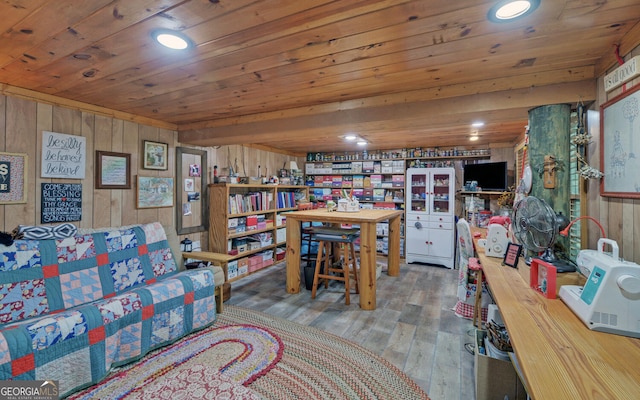 interior space featuring wood ceiling, wood-type flooring, and wooden walls