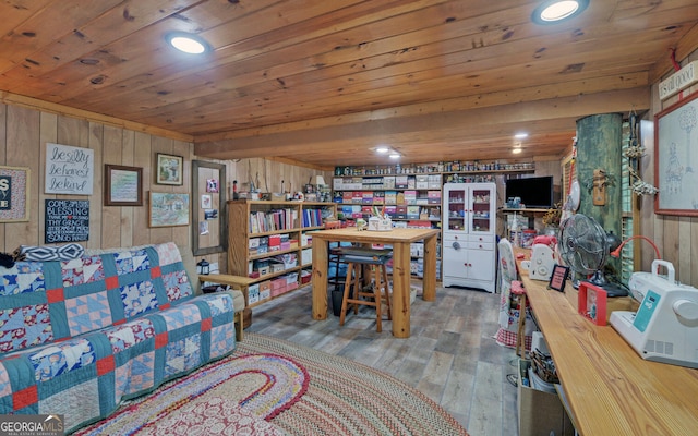 living area with recessed lighting, wooden walls, wood finished floors, and wooden ceiling