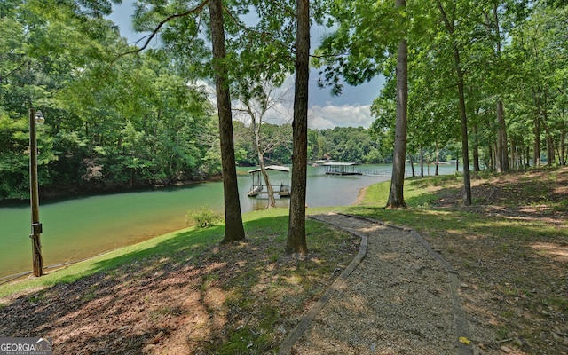 view of yard featuring a dock and a water view