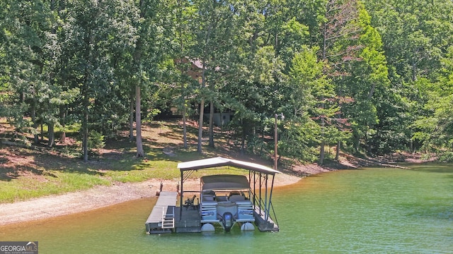 view of dock with a water view and boat lift