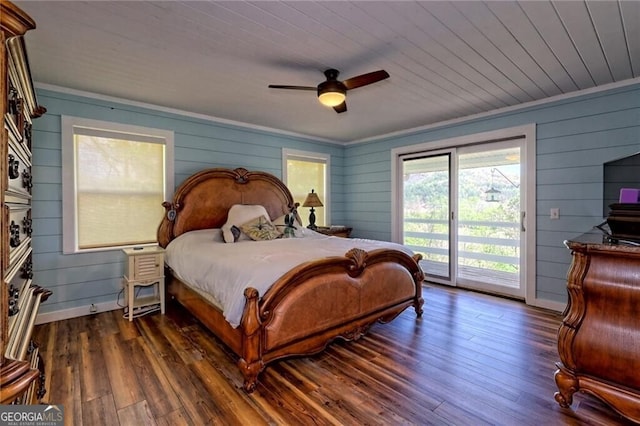 bedroom with ceiling fan, access to exterior, crown molding, wood ceiling, and dark hardwood / wood-style flooring