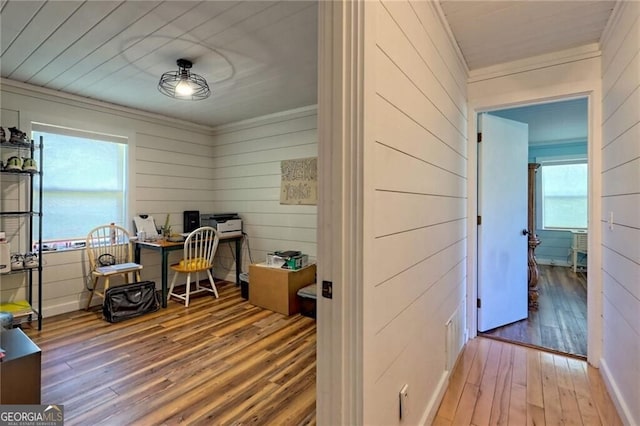 office with wood walls and hardwood / wood-style floors