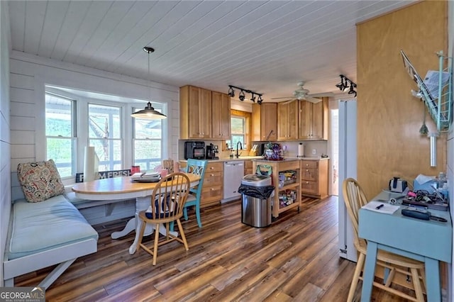 kitchen with wooden ceiling, ceiling fan, dark wood-type flooring, white dishwasher, and pendant lighting