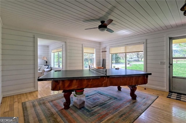 recreation room with ceiling fan, light hardwood / wood-style floors, and wooden ceiling