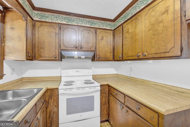 kitchen featuring white range with electric cooktop, sink, and a textured ceiling