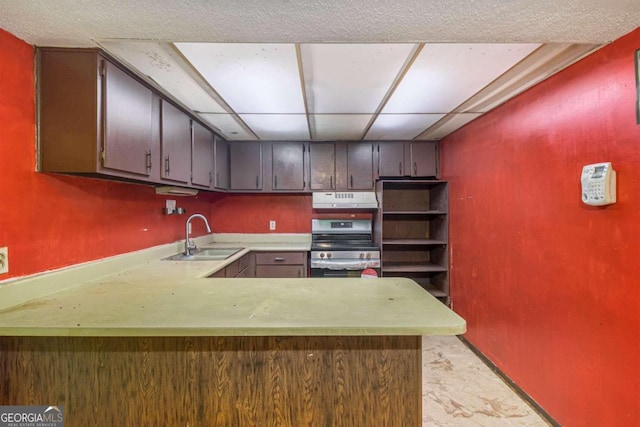 kitchen with sink, kitchen peninsula, and stainless steel range with electric stovetop