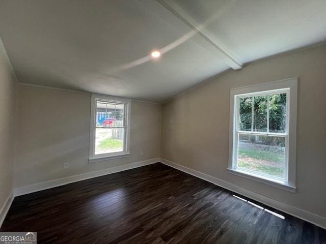 unfurnished room featuring lofted ceiling with beams, plenty of natural light, and dark wood-type flooring