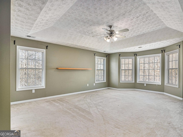 1301 Crosswind Pl, Mcdonough, GA 30252 - spare room with ceiling fan, a tray ceiling, visible vents, baseboards, and plenty of natural light