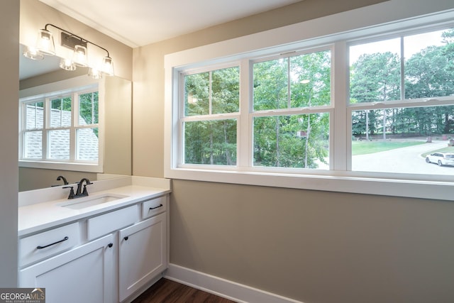 bathroom with hardwood / wood-style flooring and vanity