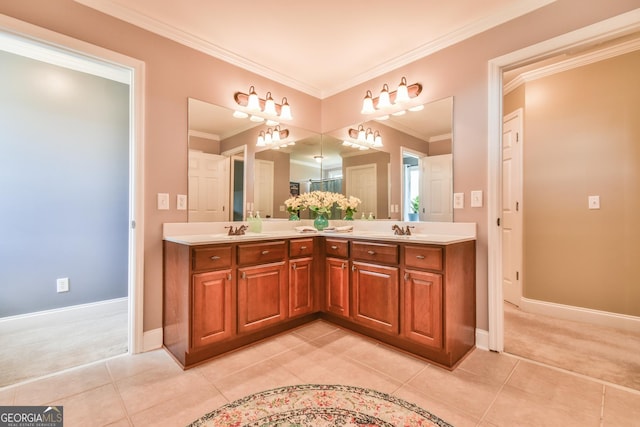 bathroom with tile patterned flooring, vanity, and crown molding