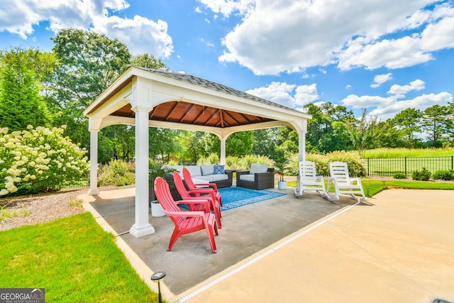 view of patio / terrace featuring a gazebo and an outdoor living space