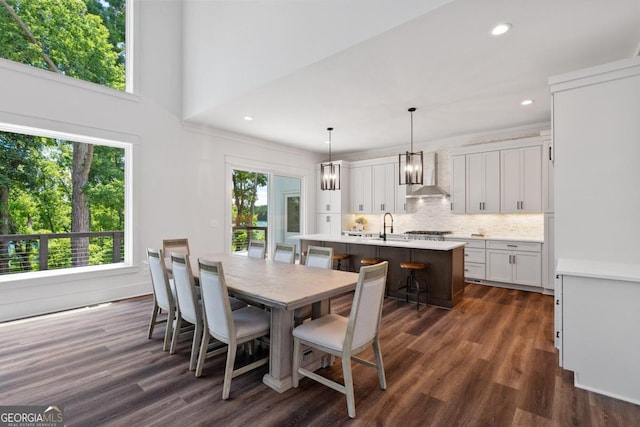 dining room featuring crown molding, dark hardwood / wood-style floors, sink, and a high ceiling