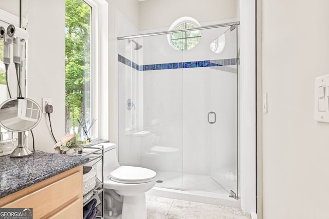 bathroom with vanity, a shower with door, and toilet