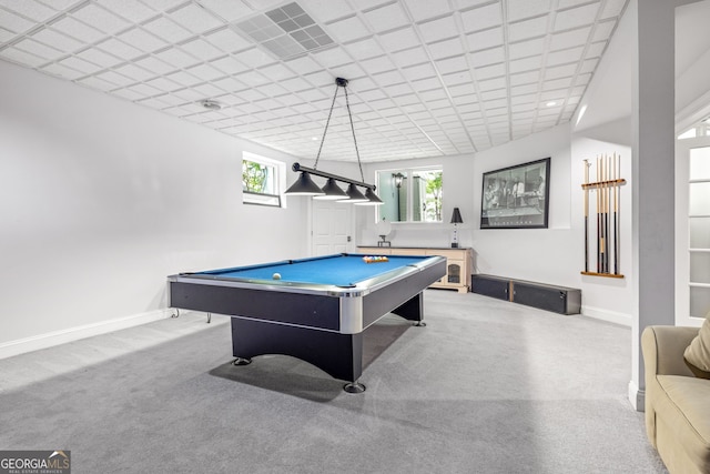 rec room with billiards and light carpet