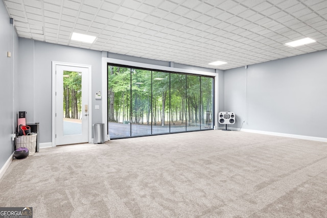 spare room featuring carpet and a paneled ceiling