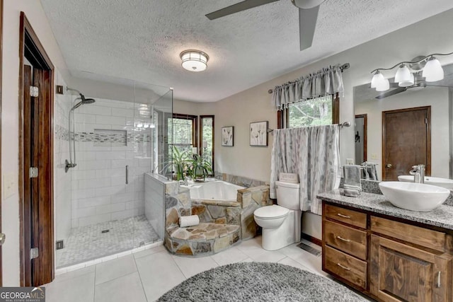 full bathroom with vanity, separate shower and tub, tile patterned floors, and plenty of natural light