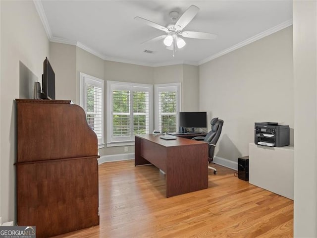 office area with ceiling fan, light hardwood / wood-style floors, and crown molding