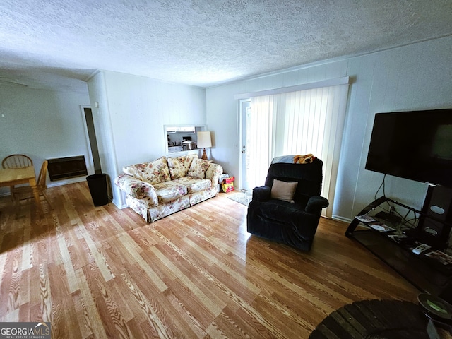 living room with a textured ceiling and wood-type flooring