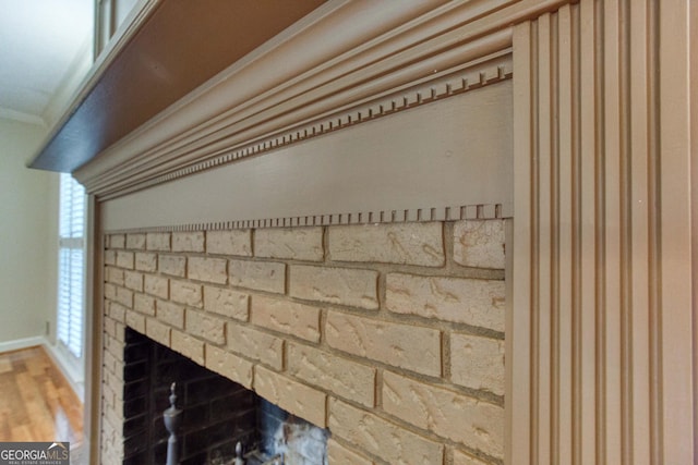 room details featuring wood finished floors and a fireplace