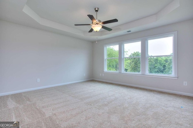 unfurnished room featuring light carpet, a raised ceiling, and ceiling fan